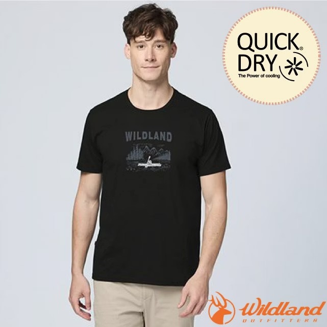 【荒野 WildLand】男 輕量抗UV吸排快乾機能印花T.圓領短袖T恤.休閒運動衫/0B31652-165 印黑色✿30E010